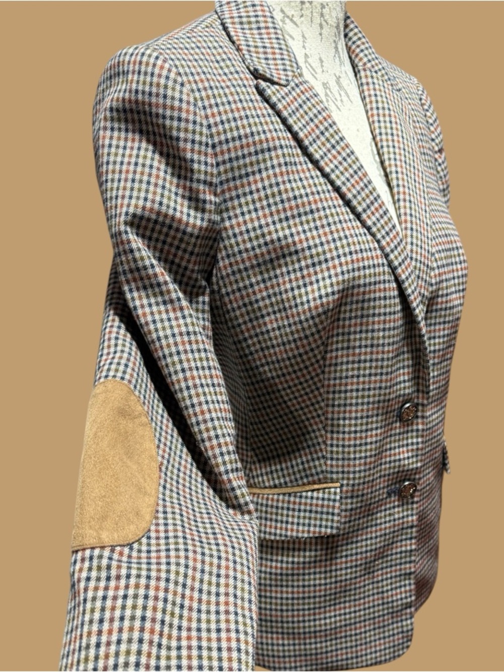 Women’s Brown Houndstooth Pattern Blazer W Faux Suede Elbow Patches Size M